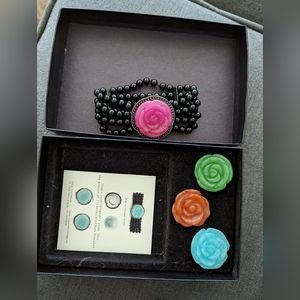 Interchangeable Carved Flowers 4 Strand Black Onyx Bead Stretch Bracelet